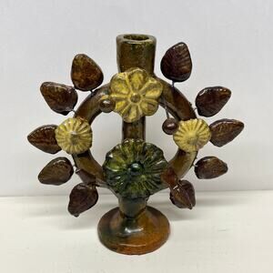 Vintage Mexican Clay Pottery Tree of Life Candle Holder Folk Art
